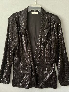 Anna-Kaci Black Sequin Blazer Jacket XL Open Front Sparkly Glam Disco Night Out
